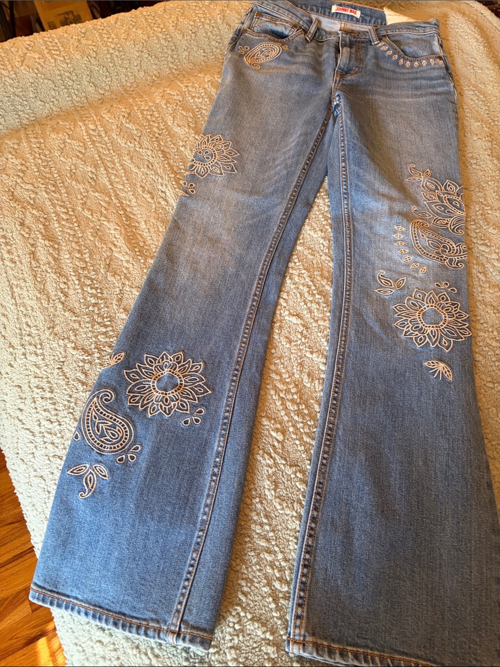 Johnny Was Blue Flare Jeans with Cream Embroidery
